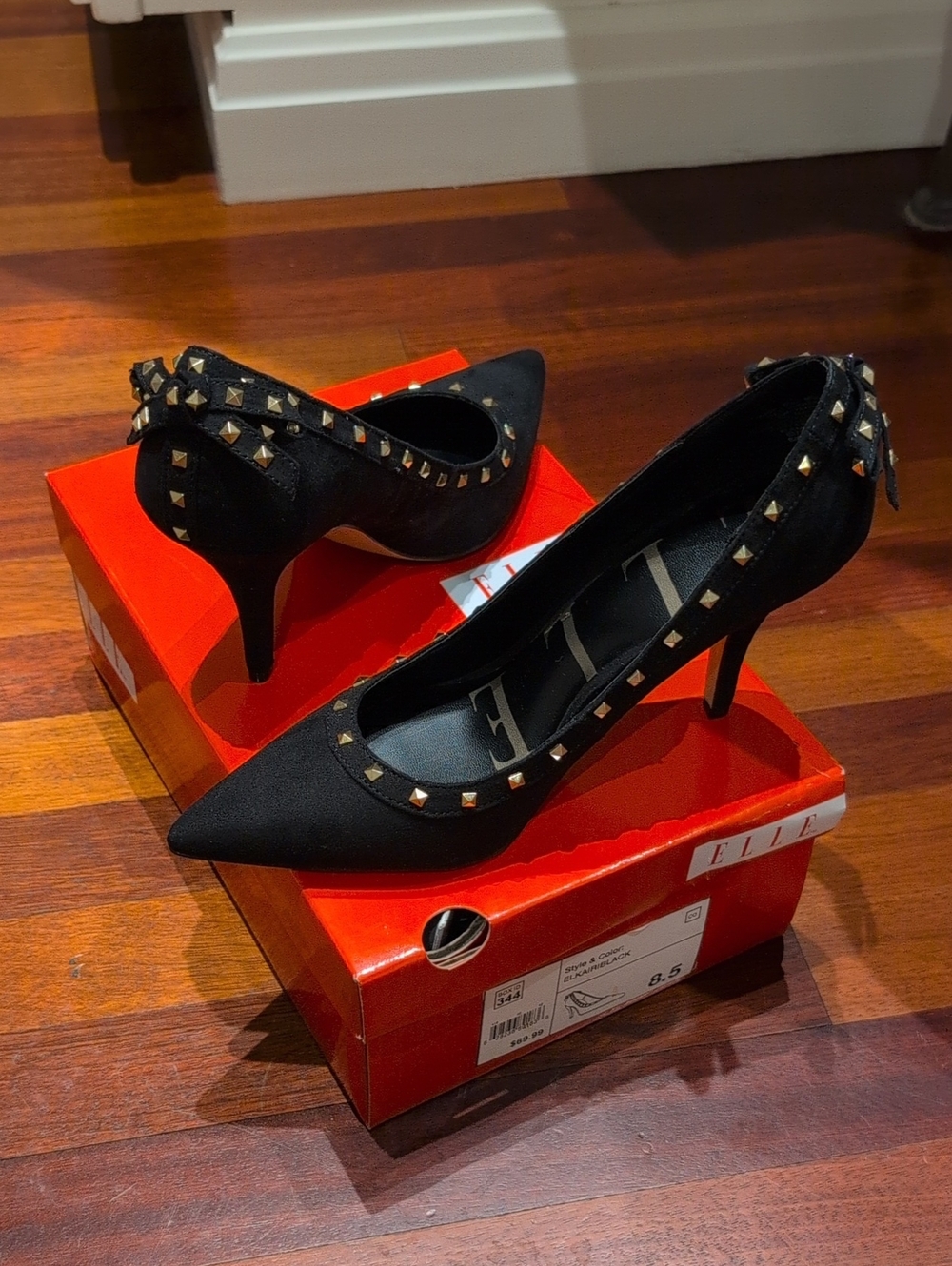 ELLE Black Pointed-Toe Pumps with Gold Stud Accents And Bows